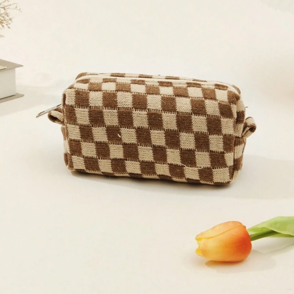SHEIN Brown Checkered Cosmetic Bag